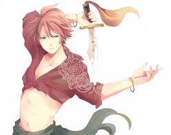  1boy alternate_costume arm_behind_head arm_up bartz_klauser blue_eyes bracelet brown_hair commentary_request dagger final_fantasy final_fantasy_5 gold_bracelet green_sash hands_up holding holding_dagger holding_knife holding_weapon jewelry knife looking_to_the_side male_focus midriff minatoya_mozuku navel red_shirt sash serious shirt short_hair simple_background sleeves_rolled_up solo tied_shirt upper_body weapon white_background 