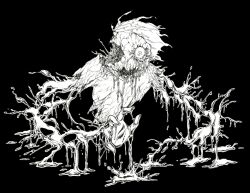  1other alternate_form body_horror character_request check_character constricted_pupils corruption cracked_skin dissolving dripping english_commentary facing_viewer floating_hair ghostgods horror_(theme) houseki_no_kuni line_art monster nib_pen_(medium) open_hand open_mouth other_focus phosphophyllite reaching simple_background solo spoilers surreal third-party_source traditional_media wide-eyed 