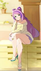  bandaid bandaid_on_leg bare_shoulders blurry blurry_background closed_mouth collarbone crossed_legs earrings eyelashes female green_eyes green_footwear hand_up high_heels highres indoors jewelry knees long_hair miriam_(pokemon) off-shoulder_sweater off_shoulder pokemon pokemon_sv purple_hair purple_skirt r3dfive sitting skirt solo sweater toes yellow_sweater 