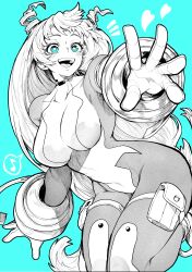  absurdres blue_background blue_eyes blush_stickers bodysuit boku_no_hero_academia breasts commentary_request eighth_note female gloves greyscale greyscale_with_colored_background hadou_nejire hair_horns heart highres large_breasts long_hair looking_at_viewer monochrome musical_note notice_lines open_clothes open_mouth outstretched_arm pouch skin_tight smile solo spoken_musical_note spot_color superhero_costume teeth thigh_pouch thigh_strap tongue upper_teeth_only very_long_hair yotsumi_shiro 