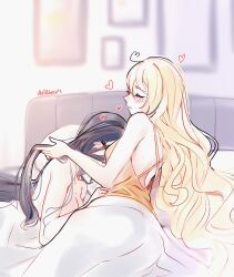  2girls aoiabyss black_hair blonde_hair blush breasts cleavage clorinde_(genshin_impact) closed_eyes commentary genshin_impact heart highres indoors long_hair medium_breasts morning multiple_girls navia_(genshin_impact) nude on_bed orange_shirt parted_lips shirt smile under_covers waking_up yuri 