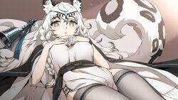  :o animal_ears animated animated arknights blinking braid brown_background cowboy_shot dress ear_wiggle female grey_eyes grey_hair grey_thighhighs hands_on_own_chest jewelry leopard_ears leopard_girl leopard_tail looking_at_viewer lying multicolored_hair necklace on_back pelvic_curtain pramanix_(arknights) scarf seto_tinami side_braids simple_background solo streaked_hair tail tail_wagging thighhighs tiara white_dress white_hair white_scarf 