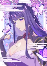  border breasts bridal_gauntlets bug butterfly butterfly_on_hand cleavage commentary female flower from_side genshin_impact highres japanese_clothes kimono large_breasts long_hair looking_at_viewer marufus outside_border parted_lips purple_background purple_eyes purple_flower purple_hair purple_kimono raiden_shogun red_ribbon ribbon solo upper_body very_long_hair white_border wisteria 