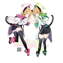  2girls absurdres animal_ear_headphones animal_ears ass black_shorts black_skirt black_thighhighs blue_archive cat_ear_headphones cat_ears cat_tail closed_mouth commentary fake_animal_ears from_behind full_body green_eyes green_footwear green_halo halo headphones highres hood hood_down hooded_jacket jacket light_brown_hair long_sleeves looking_at_viewer looking_back midori_(blue_archive) momoi_(blue_archive) multiple_girls one_eye_closed open_mouth outstretched_arms panties pantyshot pink_footwear pleated_skirt red_eyes shayusua short_hair shorts simple_background skirt standing standing_on_one_leg symbol-only_commentary tail thighhighs underwear w white_background white_jacket 