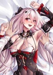  1other :d absurdres armpits arms_up bare_shoulders bat_hair_ornament black_bow black_collar black_dress black_sleeves blush bow breasts captain_(honkai_impact) cleavage collar commentary_request covered_navel detached_sleeves dress earrings female from_above hair_between_eyes hair_ornament hairbow highres honkai_(series) honkai_impact_3rd jewelry korean_commentary large_breasts long_hair looking_at_viewer low_twintails lying on_back open_mouth pov pov_hands pyeong-il_pyeongil red_eyes smile sweatdrop theresa_apocalypse theresa_apocalypse_(luna_kindred) theresa_apocalypse_(lunar_vow:_crimson_love) twintails upper_body very_long_hair white_hair 