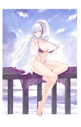  absurdres azur_lane bare_legs barefoot bikini bikini_top_pull blue_sky border breasts cleavage closed_mouth cloud cloudy_sky commentary_request day female highres large_breasts long_hair multicolored_hair ocean off_shoulder open_clothes open_shirt ponytail purple_bikini purple_eyes purple_hair shirt sitting sky solo streaked_hair suo_bu_ye_feng swimsuit toes unzen_(azur_lane) unzen_(sojourn_through_clear_seas)_(azur_lane) very_long_hair white_border white_hair white_shirt 