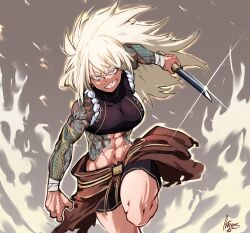  abs absurdres antares_topaz bandaged_wrist bandages bare_shoulders blonde_hair commission detailed_knuckles english_commentary evil_smile false_smile feet_out_of_frame female fire glaring gradient_background grey_background hair_flowing_over head_tilt highres holding holding_weapon isonash_(rahmid6) japanese_clothes knee_up lens_flare long_hair looking_at_viewer midriff muscular muscular_female navel original running sharp_teeth short_sword smile smirk solo sparks sword tantou tattoo tattoo_sleeve teeth thick_thighs thighs tomboy weapon white_fire yellow_eyes yellow_trim 