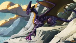  clothing colored_nails dragon feral feretta golden_body hi_res kobold mountain mythological_creature mythological_scalie mythology nails painting_nails purple_body purple_eyes robe scalie scenery white_body wings zephi_(reaperonico) 