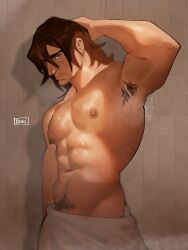  1boy abs armpit_hair armpits bara bathroom beard_stubble boki_(haideebobs) brown_hair cowboy_shot facial_hair gallagher_(honkai:_star_rail) hair_between_eyes highres honkai:_star_rail honkai_(series) large_pectorals looking_at_viewer male_focus mature_male medium_hair muscular muscular_male navel navel_hair nipples pectorals solo standing steam stomach stubble thick_eyebrows thick_navel_hair topless_male towel tsurime wet wet_hair 