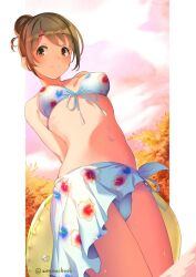  arms_behind_back bare_shoulders bikini blush breasts brown_eyes brown_hair closed_mouth collarbone cowboy_shot dot_nose dutch_angle female floral_print from_below front-tie_bikini_top front-tie_top gradient_sky hair_bun hibiscus_print holding holding_swim_ring idolmaster idolmaster_cinderella_girls idolmaster_cinderella_girls_starlight_stage looking_at_viewer medium_breasts navel outdoors print_bikini print_sarong sarong short_hair side-tie_bikini_bottom single_hair_bun sky smile solo standing swim_ring swimsuit tree twitter_username water wet white_bikini white_sarong yaguchi_miu zenmaibook 