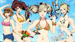  4girls arm_behind_back arm_up bare_arms bare_shoulders bikini bikini_top_only blonde_hair blue_eyes blue_shorts blue_sky breasts brown_eyes brown_hair cleavage closed_mouth cloud cloudy_sky collarbone cowboy_shot denim denim_shorts eightyfourart english_commentary eyewear_on_head floating_hair floral_print floral_print_bikini front-tie_bikini_top front-tie_top hair_between_eyes halterneck highres holding holding_water_gun kujikawa_rise light_brown_hair lisa_silverman long_hair looking_at_viewer medium_breasts midriff multiple_girls navel official_alternate_costume one_eye_closed open_mouth orange_bikini outdoors persona persona_2 persona_3 persona_4 persona_5 pink_bikini print_bikini scrunchie short_hair short_shorts shorts side-tie_bikini_bottom sky smile star_(symbol) star_print stomach sunglasses swimsuit takamaki_anne tarot the_lovers_(tarot) tongue tongue_out trait_connection turtleneck twintails upper_body water_gun white_bikini wrist_scrunchie yukari_takeba 