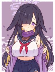  animal_ears black_sailor_collar black_skirt blue_archive blush breasts female hair_over_one_eye halo large_breasts long_hair neckerchief onyhakase parted_lips pleated_skirt purple_eyes purple_hair purple_halo red_neckerchief sailor_collar skirt solo tsukuyo_(blue_archive) 