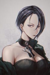  black_choker breasts choker cleavage collarbone commentary_request female fire_emblem fire_emblem:_three_houses green_jacket grey_background highres jacket large_breasts lips looking_at_viewer open_clothes open_jacket parted_lips pink_lips pochiz0 purple_eyes purple_hair shamir_nevrand short_hair simple_background single_off_shoulder solo twitter_username 