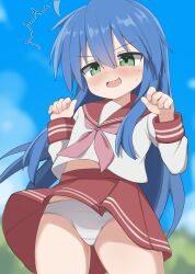  ^^^ absurdres blue_hair blue_sky blurry blurry_background blush commentary_request commission cowboy_shot female green_eyes highres izumi_konata long_hair long_sleeves lucky_star midriff_peek mole mole_under_eye neckerchief nervous_smile nicomi-chan open_mouth panties pantyshot pink_neckerchief pixiv_commission red_sailor_collar red_skirt sailor_collar school_uniform serafuku skirt sky smile solo sweatdrop underwear v-shaped_eyebrows white_panties white_serafuku 