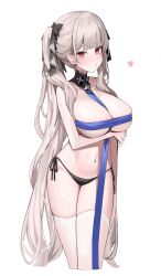  absurdres alternate_costume azur_lane bare_shoulders between_breasts black_bow black_panties black_ribbon blue_ribbon blunt_bangs bow breast_ribbon breasts cleavage collarbone commentary cowboy_shot female formidable_(azur_lane) grey_hair hair_ribbon hairbow heart highres large_breasts long_hair looking_at_viewer navel nephthys2356 panties red_eyes ribbon side-tie_panties simple_background solo standing stomach sweat symbol-only_commentary thighhighs twintails underwear very_long_hair white_background white_thighhighs 