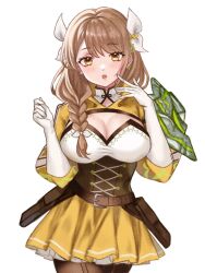  braid braided_ponytail breasts brown_hair corset cosplay elbow_gloves female fire_emblem fire_emblem_engage gloves goldmary_(fire_emblem) highres hooded_top large_breasts low_ponytail mole mole_on_breast pantyhose ribbon single_shoulder_pad skirt solo white_gloves white_ribbon yellow_eyes yellow_skirt zqzbq 