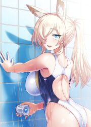  animal_ear_fluff animal_ears ass blonde_hair blue_archive blue_eyes bosshi breasts clothed_bath competition_swimsuit female from_behind hair_over_one_eye highres kanna_(blue_archive) kanna_(swimsuit)_(blue_archive) large_breasts long_hair looking_at_viewer looking_back notched_ear one-piece_swimsuit open_mouth ponytail shadow sharp_teeth showering sidelocks solo swimsuit teeth tile_wall tiles wet 