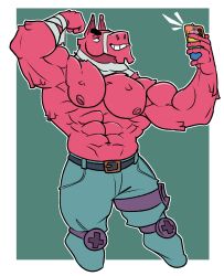  abs absurd_res animate_inanimate anthro bandage bandaged_arm bandaged_neck belt bottomwear camelid clothing cronolm epic_games flexing flexing_bicep fortnite fur hi_res legband living_pinata llama lt._john_llama male mammal muscular muscular_arms navel nipples pants pecs pinata pink_body pink_fur selfie simple_background smile smirk solo taking_selfie teeth tufted_fur 