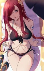  absurdres arm_tattoo artist_name beach beach_towel beneceadraws bikini black_bikini blush breasts brown_eyes closed_mouth commentary erza_scarlet fairy_tail female flower hair_flower hair_ornament hair_over_one_eye highres large_breasts looking_at_viewer navel red_hair sand sandals shade signature sitting solo stomach swimsuit tattoo thighs towel unworn_sandals wet 