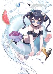  bare_legs bare_shoulders barefoot bikini black_bikini black_hair blue_archive breasts butterfly_hair_ornament closed_mouth double_bun female food fruit grey_eyes grey_halo hair_bun hair_ornament halo hand_fan highres ice_cream innertube kisaki_(blue_archive) long_hair looking_at_viewer navel paper_fan peach rullep simple_background small_breasts smile solo sunglasses swim_ring swimsuit twintails uchiwa watermelon white_background 