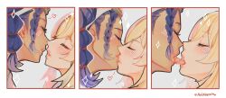  2girls aoiabyss artist_name blonde_hair blush closed_eyes commentary dark-skinned_female dark_skin french_kiss genshin_impact heart highres jeht_(genshin_impact) kissing long_hair lumine_(genshin_impact) multiple_girls parted_lips portrait purple_hair sparkle tongue tongue_out yuri 