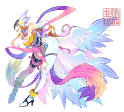  angel angel_wings angewomon anklet artist_logo bare_shoulders belt black_belt blonde_hair bodysuit boots breasts cleavage closed_mouth clothing_cutout commentary covered_collarbone covered_eyes digimon digimon_(creature) elbow_gloves female fingernails floating_hair fold-over_boots full_body gloves hagoromo helmet helmet_over_eyes highres hip_vent jewelry leg_belt long_hair medium_breasts navel navel_cutout o-ring shawl simple_background single_boot single_elbow_glove smile solo turtleneck white_background white_bodysuit white_gloves white_wings winged_helmet wings wrist_wings youzaiyouzai112 zipper 