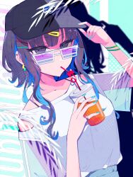  baseball_cap black_hair black_hat blue_hair breasts colored_inner_hair crazy_straw cup drinking_straw fate/grand_order fate_(series) female grey_eyes hair_ornament hairclip hat highres i10_ksw looking_at_viewer medium_hair multicolored_hair shirt short_sleeves sidelocks small_breasts solo sunglasses tenochtitlan_(fate) white_shirt 