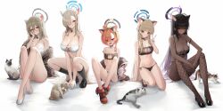  5girls absurdres ahoge akane_(blue_archive) animal animal_ears asuna_(blue_archive) bell black_bra black_choker black_hair black_panties blonde_hair blue_archive blue_eyes blue_halo bra breasts cat_cutout cat_ears cat_lingerie choker cleaning_&amp;_clearing_(blue_archive) cleavage clothing_cutout collar feline full_body glasses grin hair_over_one_eye halo highres jingle_bell karin_(blue_archive) kneeling large_breasts looking_at_viewer lunia medium_breasts meme_attire multiple_girls navel neck_bell neru_(blue_archive) open_mouth panties pink_hair purple_halo red_eyes shoes sitting smile squatting stomach strap_gap teeth thighs toki_(blue_archive) underwear underwear_only v white_bra white_choker white_panties yellow_eyes 