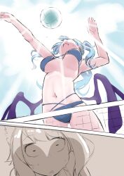  absurdres ball bikini blue_hair bouncing_breasts breasts elira_pendora english_commentary enna_alouette from_below highres large_breasts light_rays long_hair low_wings momojii_e navel nijisanji nijisanji_en parted_lips sunbeam sunlight sweat swimsuit underboob virtual_youtuber volleyball volleyball_(object) wavy_mouth wings 