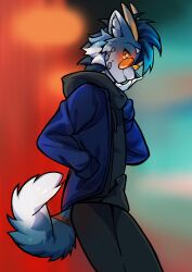  anthro blue canid canine canis clothing daemon_atma dragon ear eyewear glasses hi_res hoodie horn hybrid male mammal mythological_creature mythological_scalie mythology scalie skpd solo tail topwear wolf 