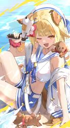  absurdres animal_ears blonde_hair breasts canine commentary dog_ears female flower granblue_fantasy hair_flower hair_ornament hat highres holding holding_water_gun looking_at_viewer midriff oerba_yun_fang one_eye_closed open_mouth shiro_wa_(shiroshironix) shirt short_hair sitting skin_fang small_breasts smile solo thighs vajra_(granblue_fantasy) vajra_(summer)_(granblue_fantasy) water_gun white_shirt 