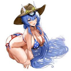  :d absurdly_long_hair all_fours american_flag american_flag_bikini american_flag_print ass azur_lane barefoot bikini blue_eyes blue_hair breasts cleavage collarbone cowboy_hat crossed_bangs female flag_print full_body hand_up hat headgear highres large_breasts long_hair looking_at_viewer new_jersey_(azur_lane) open_mouth print_bikini simple_background smile solo swimsuit t3x thighs very_long_hair white_background 