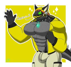  absurd_res big_bulge big_pecs blonde_hair bottomwear bulge clothing collar hair hi_res humanoid jacket machine male mike_dramon mike_dramon_(artist) muscular muscular_male pants pecs protogen smile solo spiked_collar spikes tail topwear yellow_clothing yellow_jacket_(clothing) yellow_topwear 