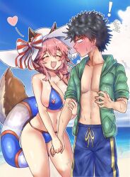  ! 1boy ? animal_ear_fluff animal_ears beach bikini black_hair blue_bikini blue_shorts blue_sky blush bow breasts closed_eyes cloud collarbone commission crossover day ebora facing_another fate/grand_order fate_(series) female fox_ears fox_tail green_jacket hat hat_bow holding_hands hood hooded_jacket innertube jacket kamijou_touma large_breasts long_hair looking_at_another navel ocean open_clothes open_jacket open_mouth outdoors pink_hair red_bow second-party_source short_hair shorts sky sleeves_rolled_up spiked_hair striped_bow sun_hat swim_ring swimsuit tail tamamo_(fate) tamamo_no_mae_(swimsuit_lancer)_(fate) tamamo_no_mae_(swimsuit_lancer)_(third_ascension)_(fate) toaru_majutsu_no_index two-tone_bow white_hat yellow_eyes 