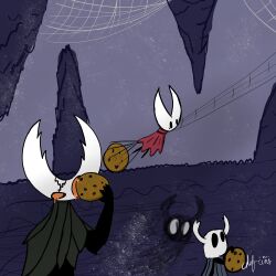  arthropod candy chefrens chocolate chocolate_chips cookie dessert dust female food group hi_res hollow_knight hollow_knight_(character) hornet_(hollow_knight) insects male shadow spider_web team_cherry the_knight_(hollow_knight) trio 