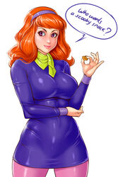  cartoon_network daphne_ann_blake dress female female hairband hanna-barbera long_hair r3ydart red_hair scooby-doo simple_background smile solo 