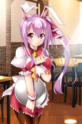  blush cat_bell chair collar hair_ribbon pantyhose piromizu ponytail purple_hair red_eyes smile table tray waitress 