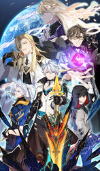  6+boys absurdres adam_(honkai_impact) black_hair blonde_hair blue_eyes brown_eyes brown_hair coat commentary_request earth_(planet) fingerless_gloves glasses gloves highres honkai_(series) honkai_impact_3rd hood hoodie juer1004 kevin_kaslana multiple_boys otto_apocalypse planet ponytail red_eyes siegfried_kaslana space sword void_archives_(honkai_impact) weapon welt_yang white_hair yellow_eyes 