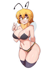  absurd_res animal_humanoid arthropod arthropod_humanoid bee_humanoid big_breasts blonde_hair breasts cleavage clothed clothing female hair hi_res humanoid hymenopteran hymenopteran_humanoid insect_humanoid insect_wings insects legwear lucyfercomic navel simple_background solo thigh_highs white_background wings 