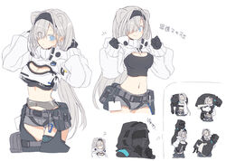  1other ? ambiguous_gender animal_ears arknights aurora_(arknights) aurora_(elite_ii)_(arknights) bear_ears bear_girl black_bra black_hairband black_pants blue_eyes bra breasts carrying carrying_over_shoulder carrying_person cleavage cleavage_cutout clothing_cutout commentary cropped_jacket cropped_legs doctor_(arknights) extra_ears eyebrows_hidden_by_hair eyes_visible_through_hair female fireman&#039;s_carry grey_hair hair_over_one_eye hairband hands_up jacket long_hair looking_at_viewer medium_breasts midriff multiple_views pants piggyback princess_carry satou_kibi simple_background smile split_mouth thigh_cutout thinking translated underwear very_long_hair white_background white_jacket 