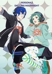  1boy aqua_hair blue_eyes blue_hair female headphones highres kobayashi_chizuru open_mouth pantyhose persona persona_3 persona_3:_dancing_moon_night persona_dancing polka_dot shoes short_hair skirt smile sneakers striped_clothes striped_pantyhose yamagishi_fuuka yuuki_makoto_(persona_3) 