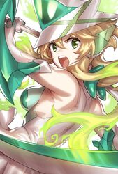  akatsuki_kirika blonde_hair breasts commentary_request elbow_gloves female gloves glowing glowing_hair green_eyes medium_breasts murakami_hisashi scythe senki_zesshou_symphogear solo upper_body x-drive_(symphogear) 