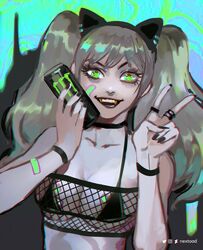  animal_ears black_nails bra bracelet breasts cat_ears choker female gold_teeth grey_hair highres jewelry long_hair monster_energy nextoad open_mouth original ring simple_background smile solo twintails underwear v 