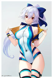  absurdres bare_shoulders blue_bow blue_jacket blue_one-piece_swimsuit blush bow breasts fate/grand_order fate_(series) female hair_between_eyes hairbow highleg highleg_swimsuit highres jacket large_breasts long_hair looking_at_viewer off_shoulder one-piece_swimsuit pjman ponytail red_eyes short_sleeves smile swimsuit thighs tomoe_gozen_(fate) tomoe_gozen_(swimsuit_saber)_(fate) tomoe_gozen_(swimsuit_saber)_(first_ascension)_(fate) two-tone_swimsuit white_hair white_one-piece_swimsuit 