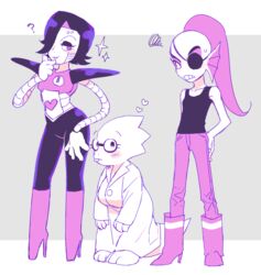  alphys animal_humanoid anthro biped blush boots bottomwear clothing coat ear_fins eyewear female fin fish fish_humanoid footwear glasses group hair high_heeled_boots high_heels humanoid lab_coat machine male marine marine_humanoid mettaton_ex ouse pants ponytail pupils robot robot_humanoid scalie shirt slit_pupils tank_top topwear undertale_(series) undyne 