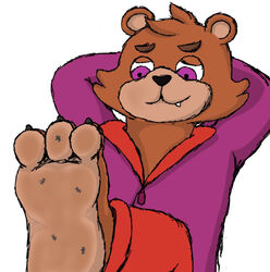  anthro bear brown_body brown_fur clothed clothing feet foot_fetish foot_focus foot_play fully_clothed fur hindpaw jacket macro male mammal micro pawpads paws purple_eyes robmouse67 smashcuenta123 smile smirk solo topwear 