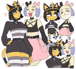  absurd_res alternative_fashion animal_crossing ankha_(animal_crossing) anthro belt biped black_eyeshadow black_hair blush breasts canid canine canis clothed clothing crop_top daisy_(animal_crossing) domestic_cat domestic_dog duo egyptian_headdress eyeshadow felid feline felis female fully_clothed fur goth hair hi_res idolomantises makeup mammal markings medium_breasts nintendo shirt smile striped_markings striped_tail stripes sweater tail tail_markings topwear yellow_body yellow_fur 