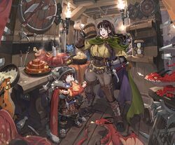  2girls axe barrel belt blue_bow boned_meat boots bow breath_weapon breathing_fire brown_hair cape carving_fork cup dragon eating english_commentary fake_horns fantasy feline fighting fingerless_gloves fire food full_body fur-trimmed_cape fur_trim gauntlets gloves hand_on_own_hip helmet highres holding holding_food horned_helmet horns hourglass indoors jun_(navigavi) knife long_hair looking_at_viewer meat multiple_girls orange_eyes original patch people planted planted_axe planted_knife planted_sword plate sheath sheathed shield short_hair siblings sisters spill standing steam stool sword tankard tavern thigh_boots thighhighs torch tray weapon wooden_shield 