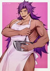  1boy :d absurdres apron bara bhima_(fate) bowl cooking dark-skinned_male dark_skin fate/grand_order fate_(series) feet_out_of_frame food food_on_body food_on_face food_on_pectorals highres large_pectorals long_hair male_focus muscular muscular_male pectoral_cleavage pectorals pink_apron pink_background purple_eyes purple_hair sidepec simple_background smile solo standing thighs tsurekun v-shaped_eyebrows very_long_hair whisk 