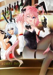  1boy ;d absurdres ahoge animal_ears astolfo_(fate) astolfo_(saber)_(fate) bar_(place) bare_shoulders black_bow black_bowtie black_gloves black_leotard black_ribbon blue_eyes blush bottle bow bowtie breasts brown_legwear buttons caenis_(fate) champagne_flute cocktail_shaker covered_navel cup detached_collar detached_sleeves drinking_glass fake_animal_ears fate/grand_order fate_(series) female fishnet_pantyhose fishnets gloves hair_intakes highleg highleg_leotard highres large_breasts leotard long_hair looking_at_viewer low_twintails male_playboy_bunny multicolored_hair oerba_yun_fang one_eye_closed open_mouth otoko_no_ko pantyhose phanta pink_hair playboy_bunny rabbit_ears red_legwear ribbon sitting skin_fang smile sparkle strapless strapless_leotard streaked_hair thighs twintails white_hair white_leotard wine_bottle 